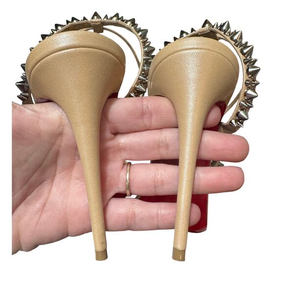 Auth. Christian Louboutin Nude Spike Strap Heel Sandals Size 36.5 W/Dust Bag EUC